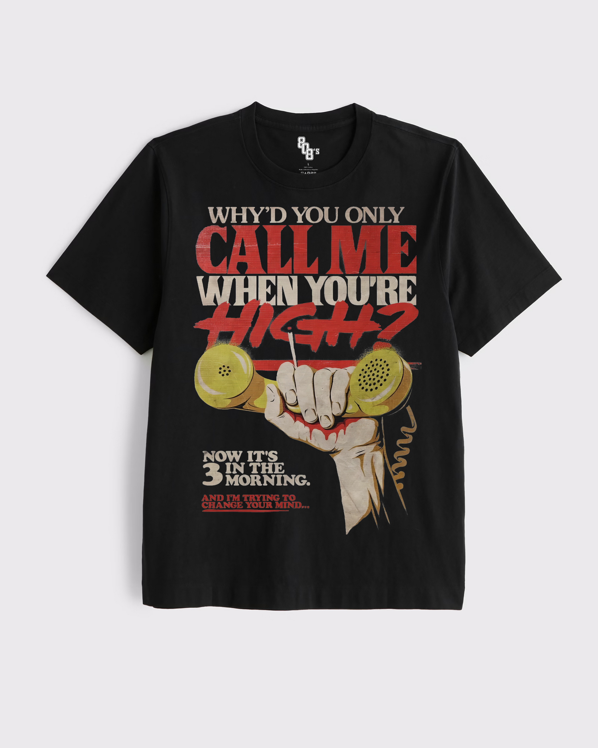 Black t-shirt with graphic design and text on a white background