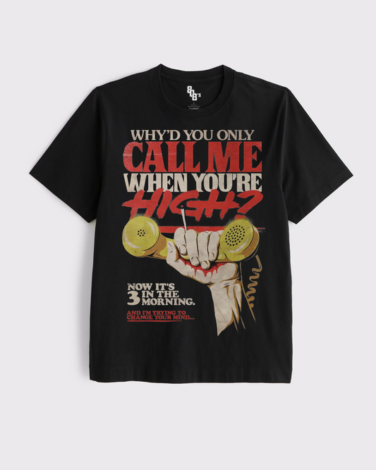 Black t-shirt with graphic design and text on a white background