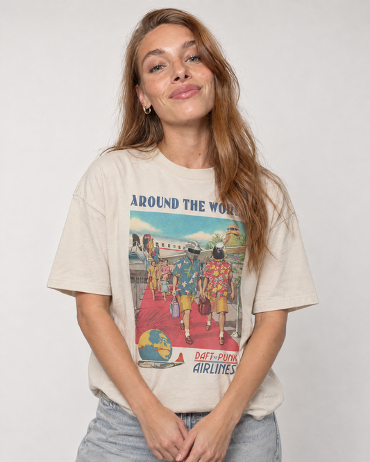 Around The World Airlines Tee on model - front – 808's [sand]
