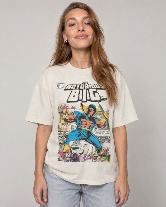 Biggie Superhero Comic Style Tee on model - front – 808's [Sand]
