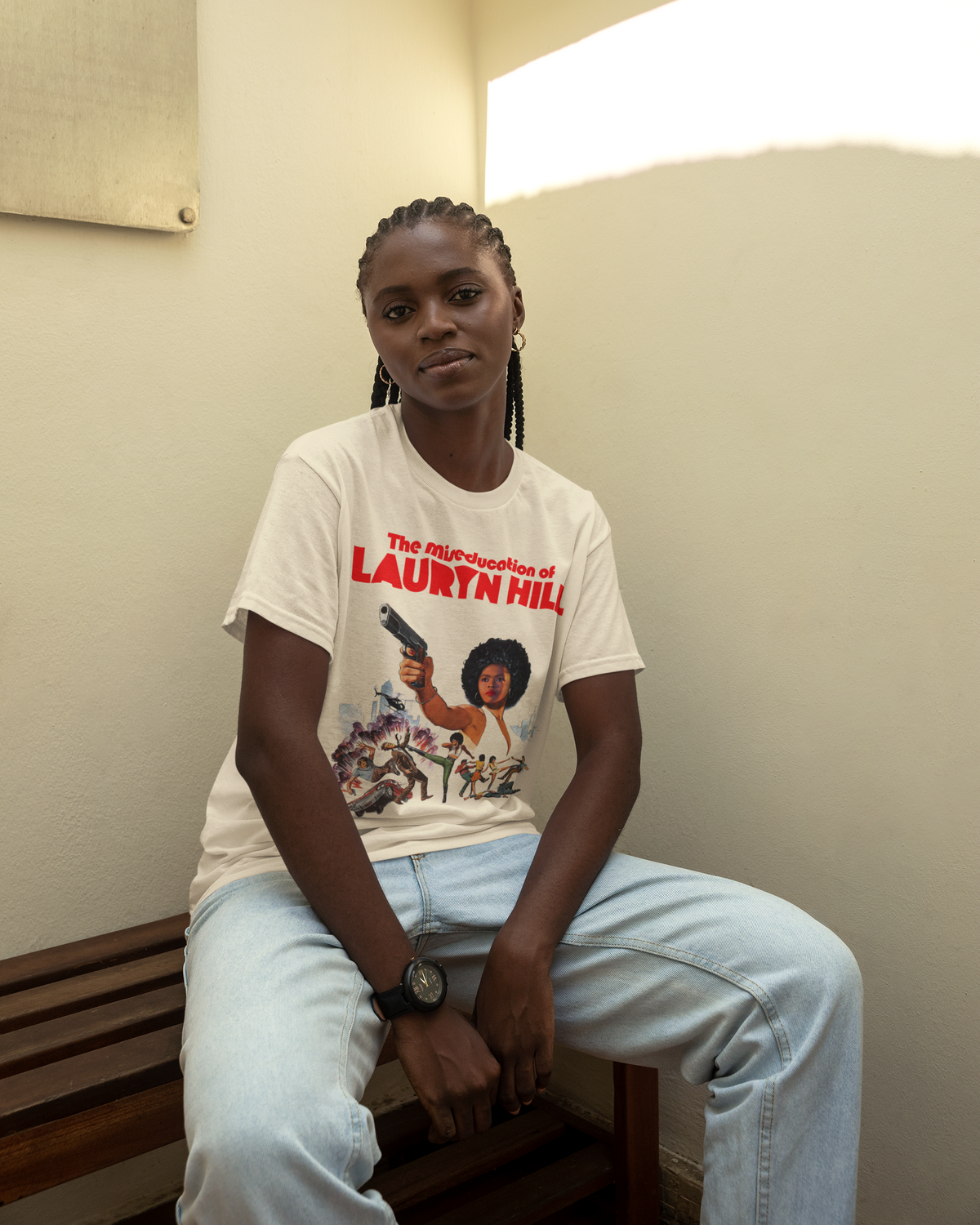 Model wearing The Miseducation Of Lauryn Hill graphic tee – 808's